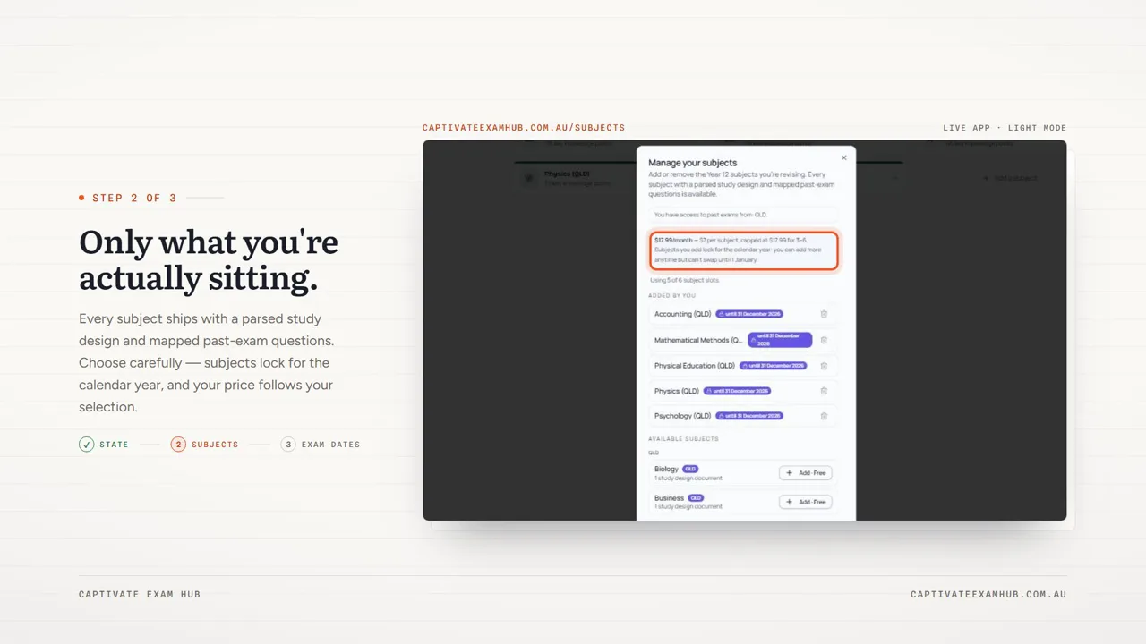 A frame from the setup tutorial: “Only what you're actually sitting”, beside the Manage your subjects dialog showing selected QCE subjects and the per-subject price note.